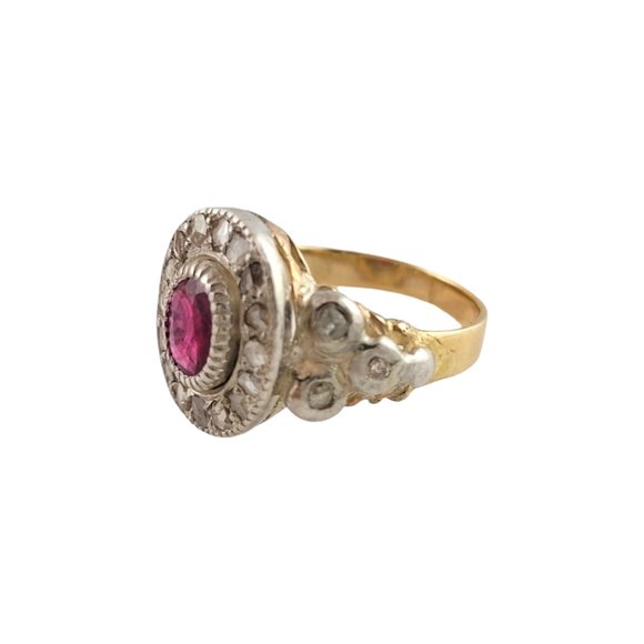 10K Yellow Gold Rose Cut Diamond Lab Created Ruby Floral Ring 6.5 #13925 - Picture 4 of 10